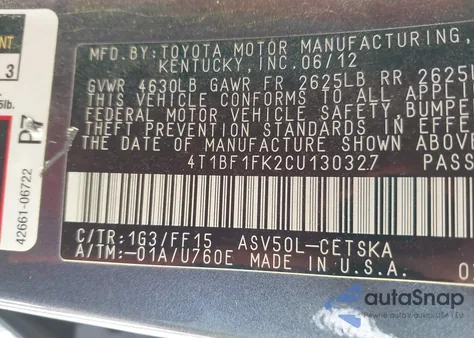 2012 Toyota Camry Se из США, поврежденный, VIN 4T1BF1FK2CU130327